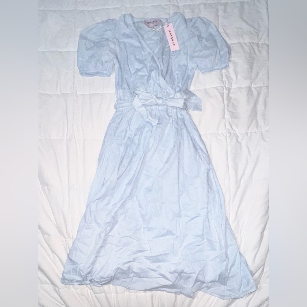 Jessakae Collection Light Blue Puffy Sleeve Midi Dress